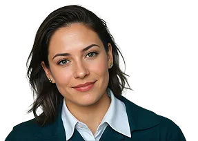 Eine Frau mit mittellangen braunen Haaren, dunkelgrüner Jacke und weißem Hemd darunter