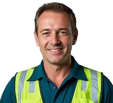 Mann mit kurzen braunen Haaren, grünem Hemd und reflektierender Warnweste darüber